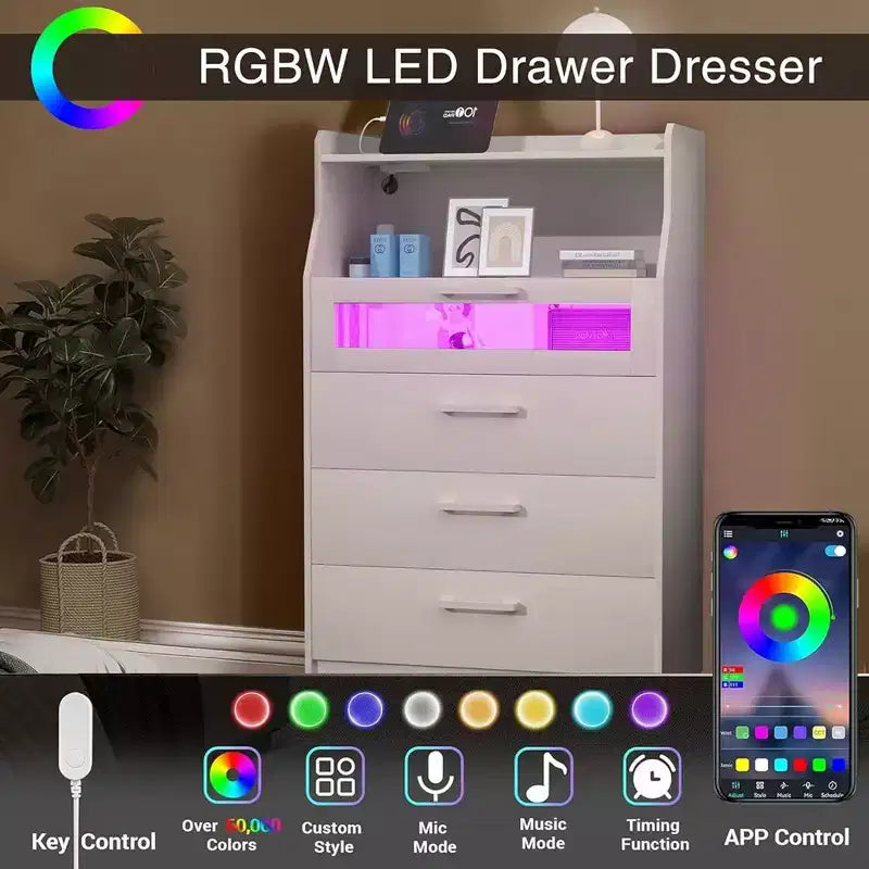 Grande commode blanche Coiffeuse moderne avec lumières LED et station de charge