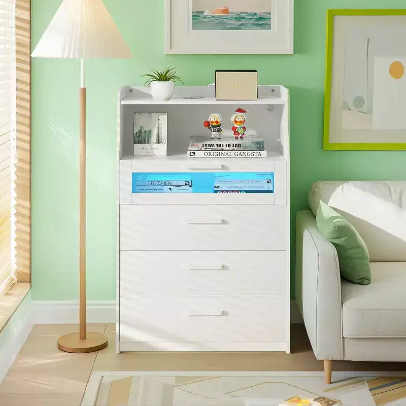 Grande commode blanche Coiffeuse moderne avec lumières LED et station de charge