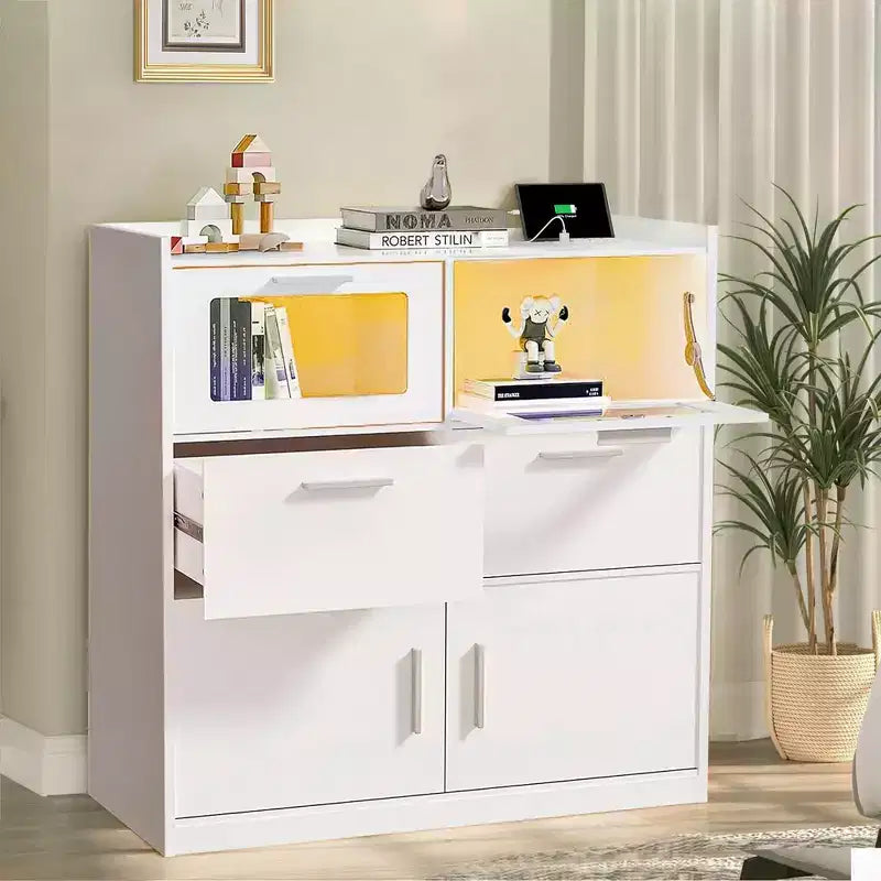 Grande commode blanche Coiffeuse moderne avec lumières LED et station de charge
