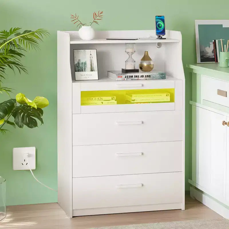 Grande commode blanche Coiffeuse moderne avec lumières LED et station de charge