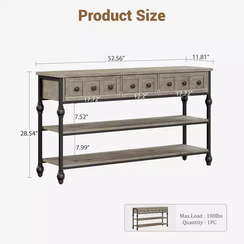 Table console 53", table d'entrée avec 3 tiroirs, table de canapé à 3 niveaux, table de canapé avec étagère ouverte