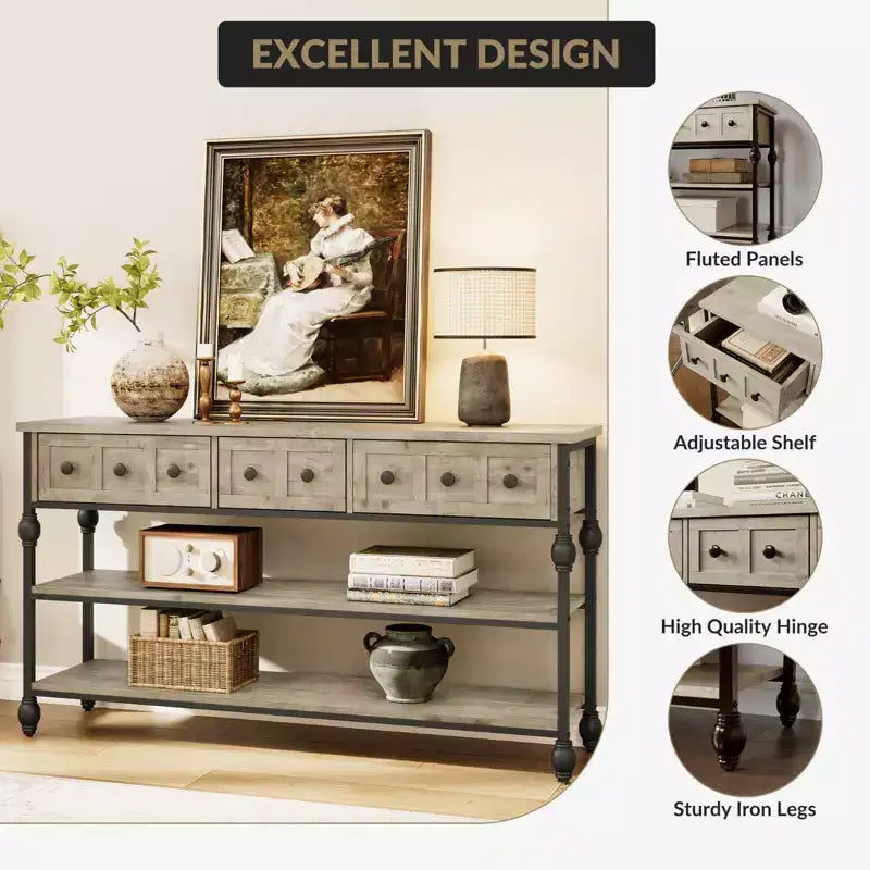 Table console 53", table d'entrée avec 3 tiroirs, table de canapé à 3 niveaux, table de canapé avec étagère ouverte