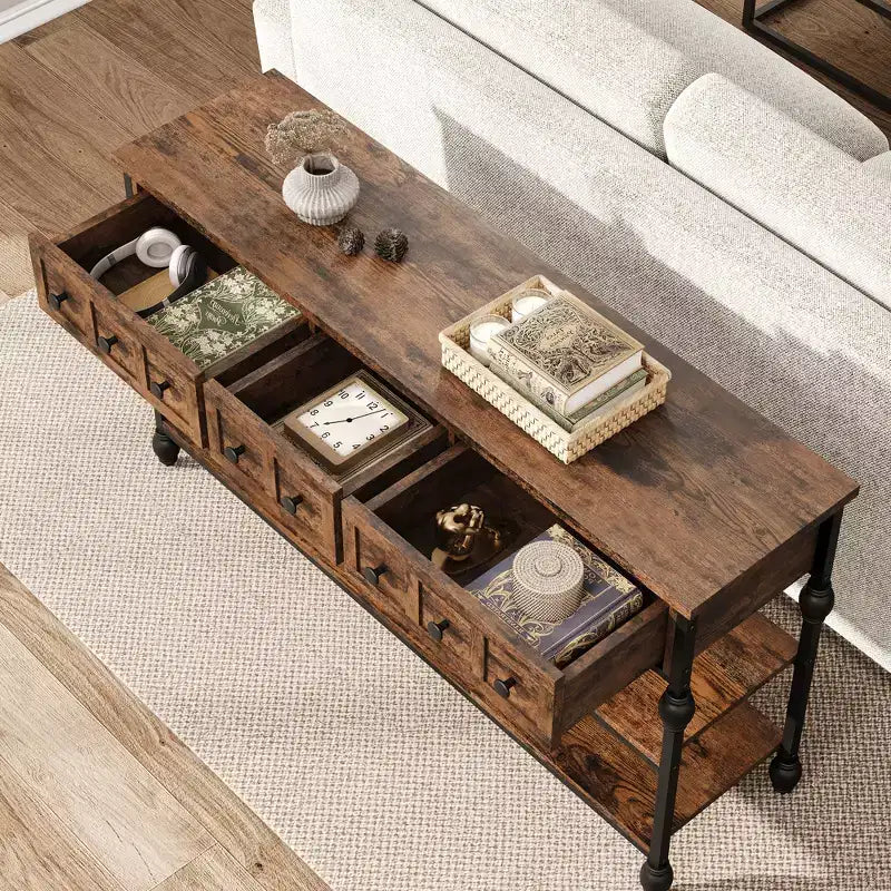 Table console 53", table d'entrée avec 3 tiroirs, table de canapé à 3 niveaux, table de canapé avec étagère ouverte