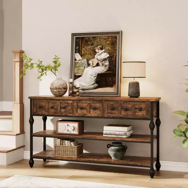 Table console 53", table d'entrée avec 3 tiroirs, table de canapé à 3 niveaux, table de canapé avec étagère ouverte