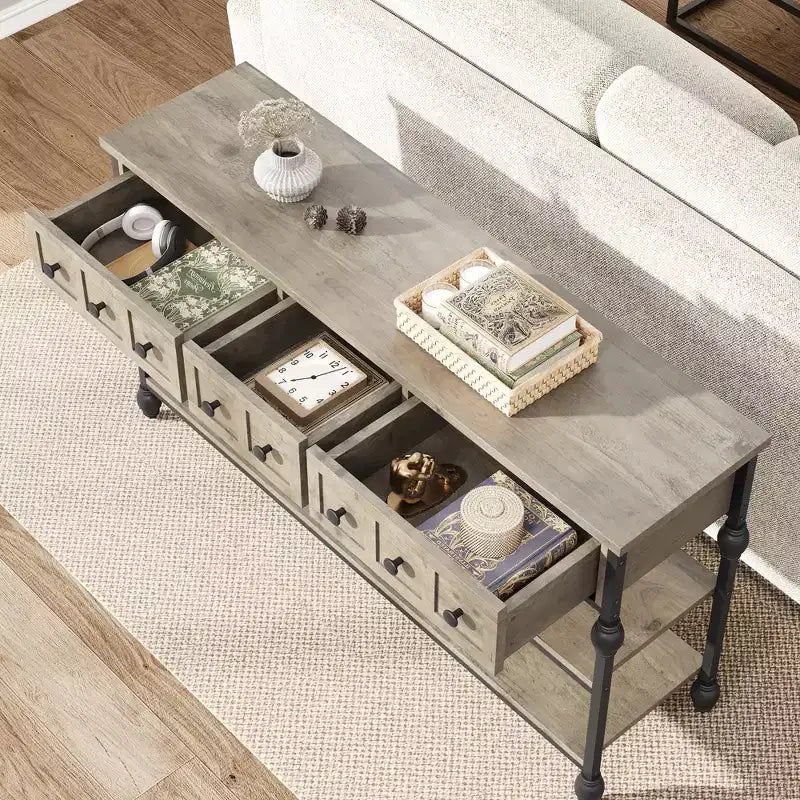 Table console 53", table d'entrée avec 3 tiroirs, table de canapé à 3 niveaux, table de canapé avec étagère ouverte