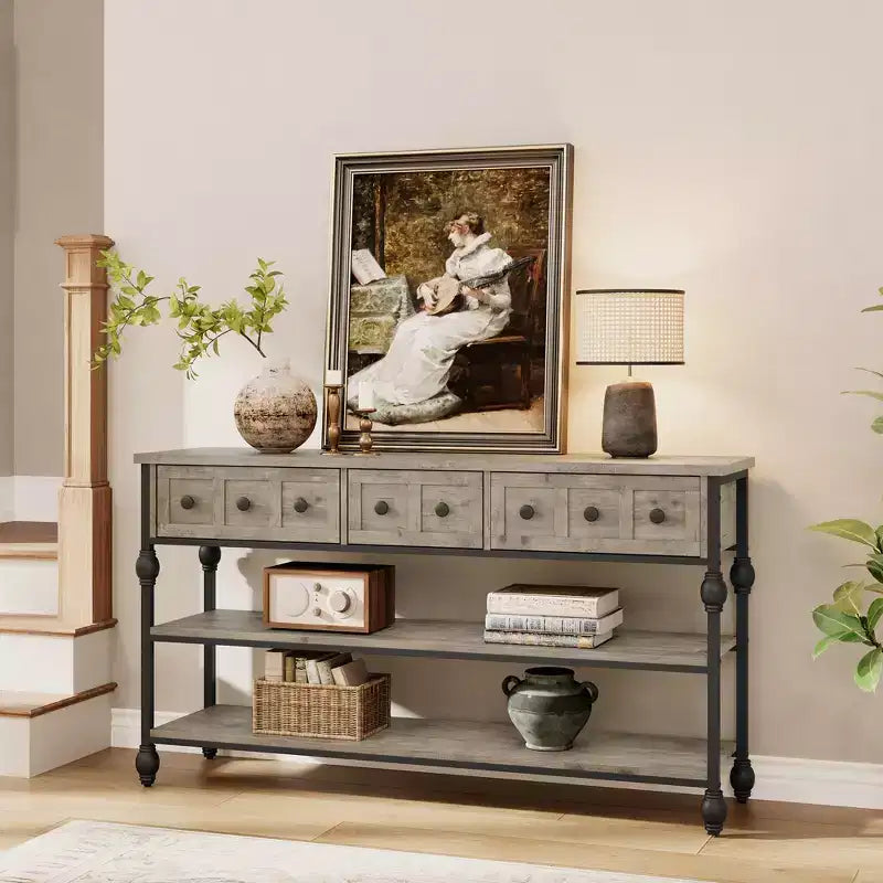 Table console 53", table d'entrée avec 3 tiroirs, table de canapé à 3 niveaux, table de canapé avec étagère ouverte