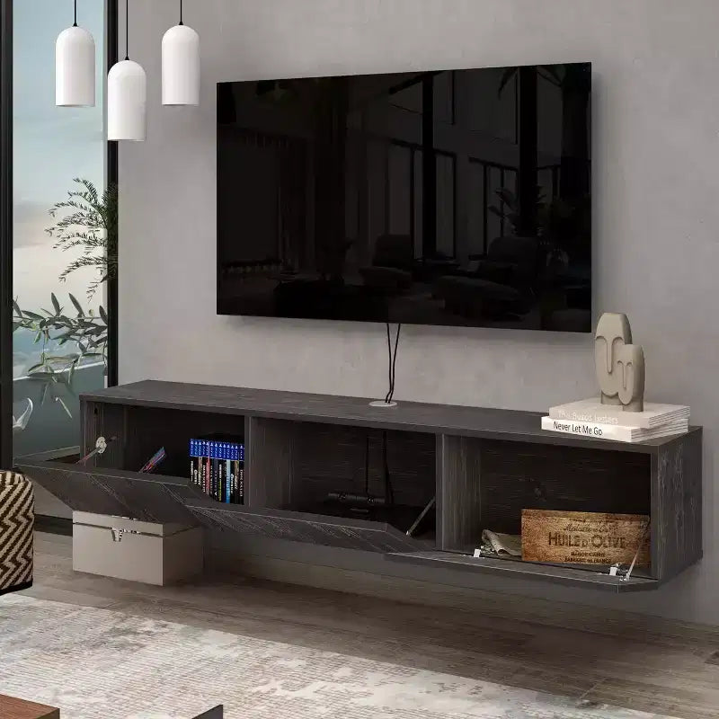 Meuble TV mural flottant moderne pour grands téléviseurs de 65 à 80 pouces, noir