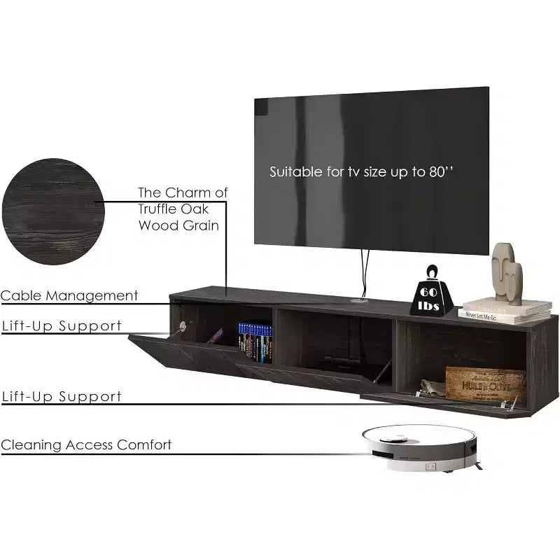 Meuble TV mural flottant moderne pour grands téléviseurs de 65 à 80 pouces, noir