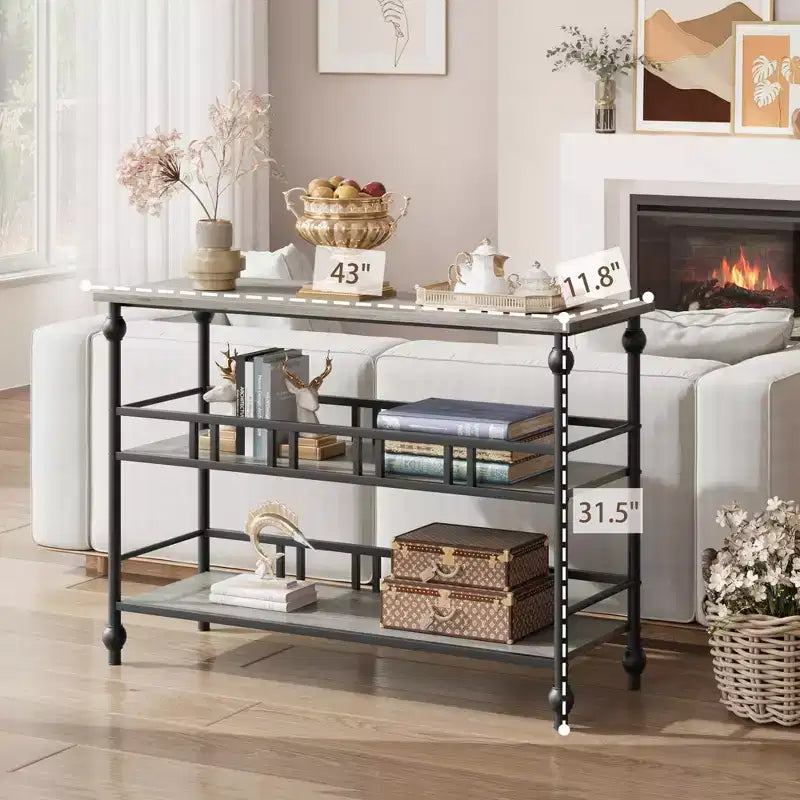 Console rustique de 109 cm, table de canapé étroite à 3 niveaux avec étagères pour entrée