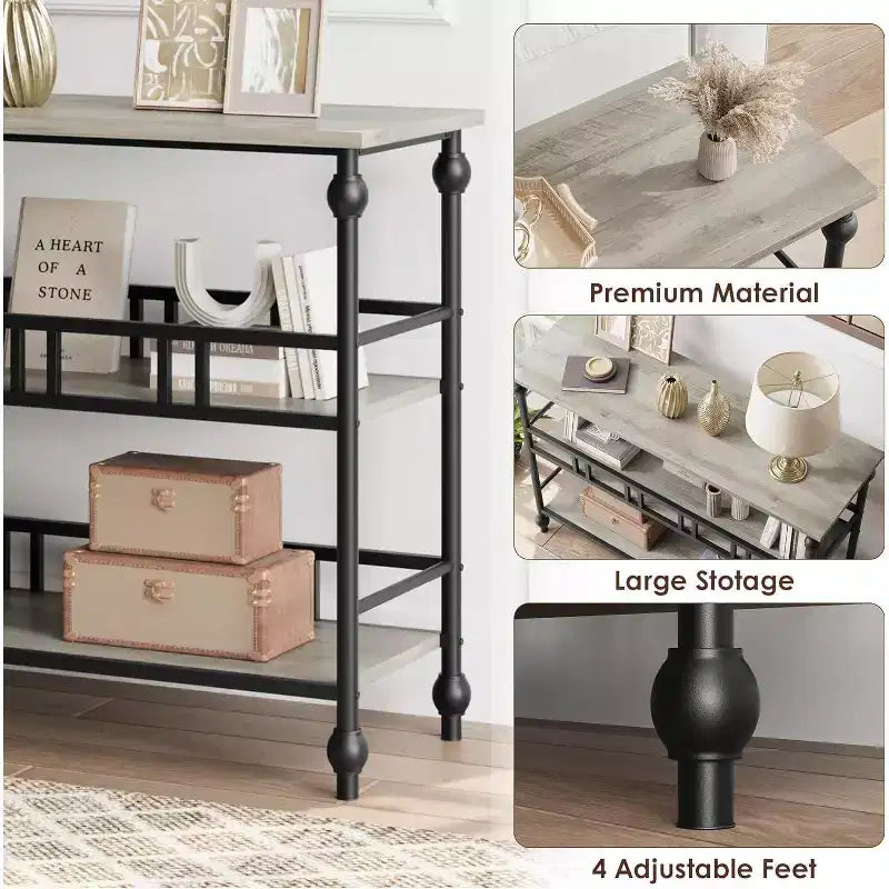 Console rustique de 109 cm, table de canapé étroite à 3 niveaux avec étagères pour entrée