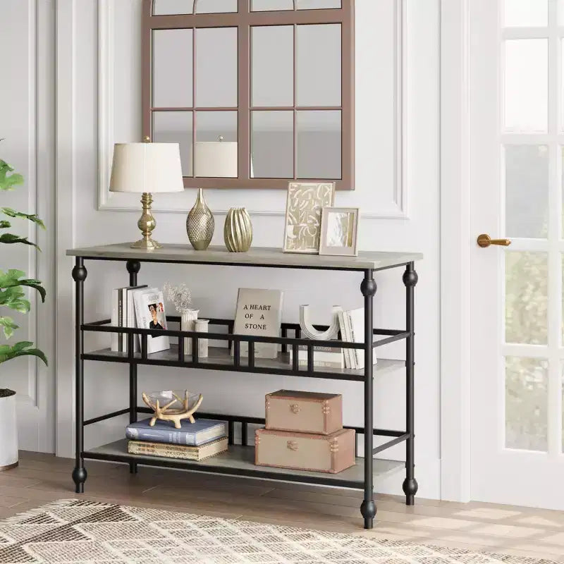 Console rustique de 109 cm, table de canapé étroite à 3 niveaux avec étagères pour entrée