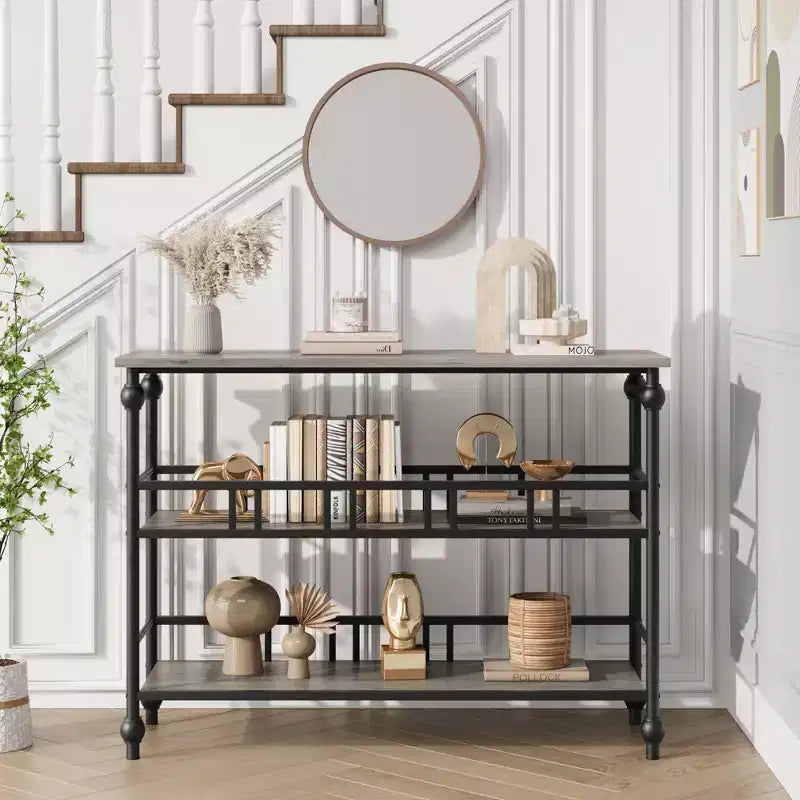 Console rustique de 109 cm, table de canapé étroite à 3 niveaux avec étagères pour entrée