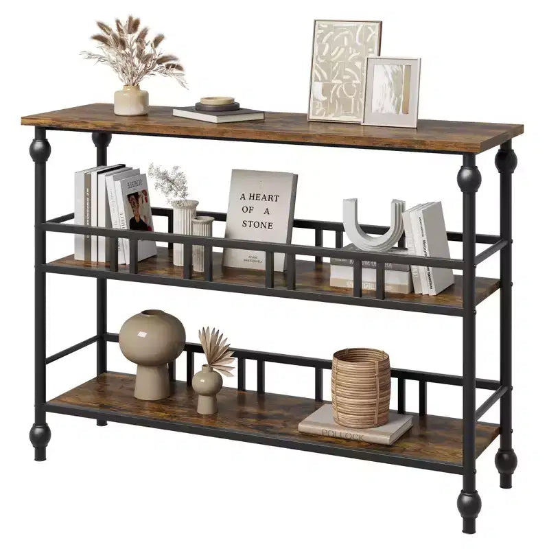 Console rustique de 109 cm, table de canapé étroite à 3 niveaux avec étagères pour entrée