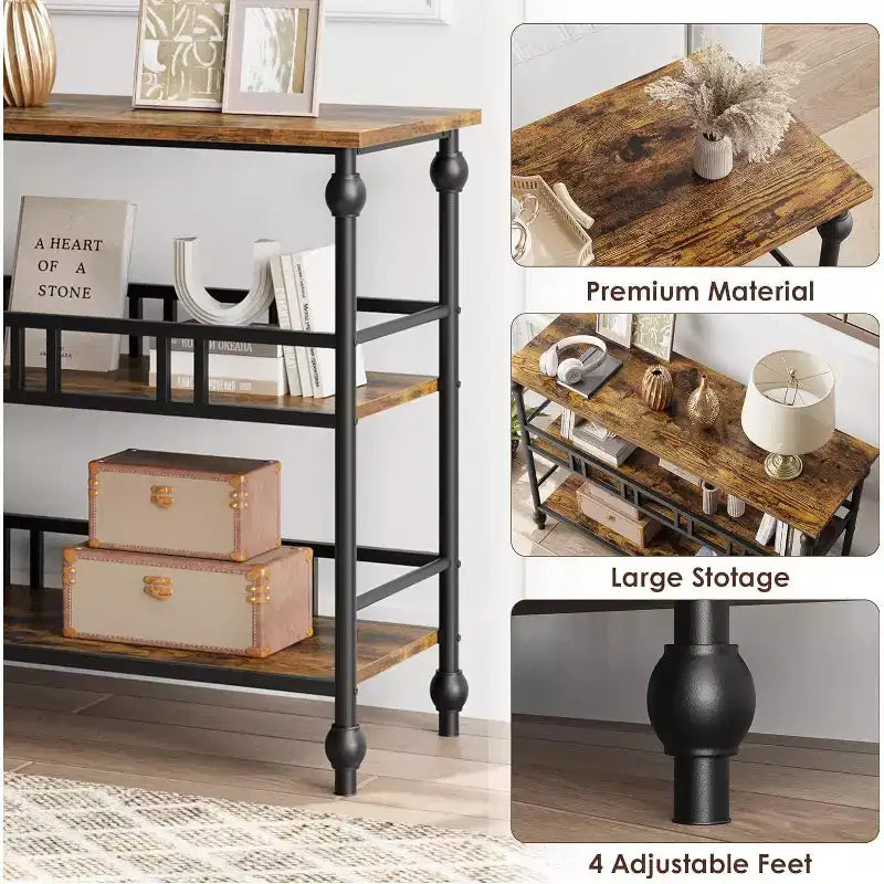 Console rustique de 109 cm, table de canapé étroite à 3 niveaux avec étagères pour entrée