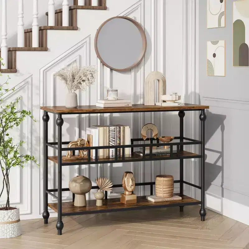 Console rustique de 109 cm, table de canapé étroite à 3 niveaux avec étagères pour entrée