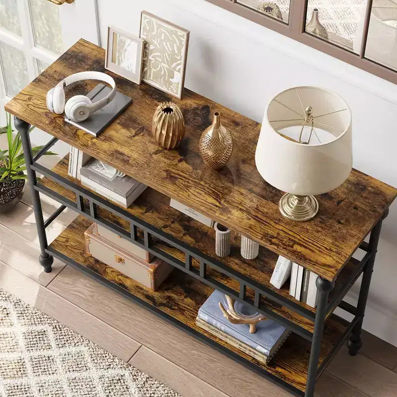 Console rustique de 109 cm, table de canapé étroite à 3 niveaux avec étagères pour entrée