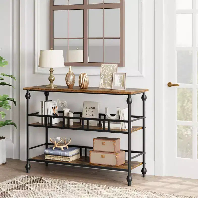 Console rustique de 109 cm, table de canapé étroite à 3 niveaux avec étagères pour entrée