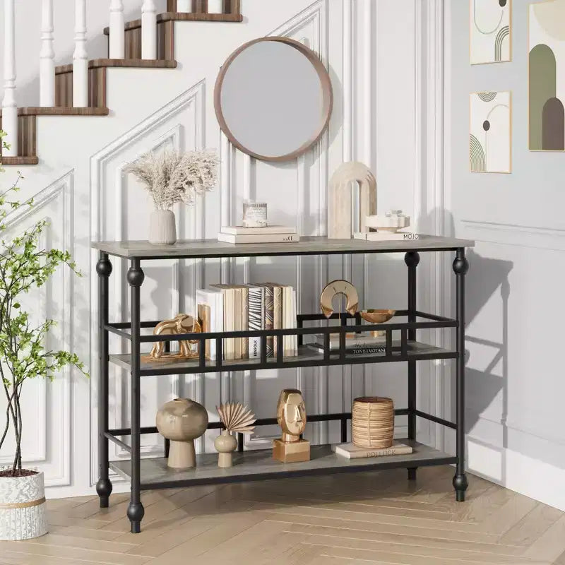Console rustique de 109 cm, table de canapé étroite à 3 niveaux avec étagères pour entrée