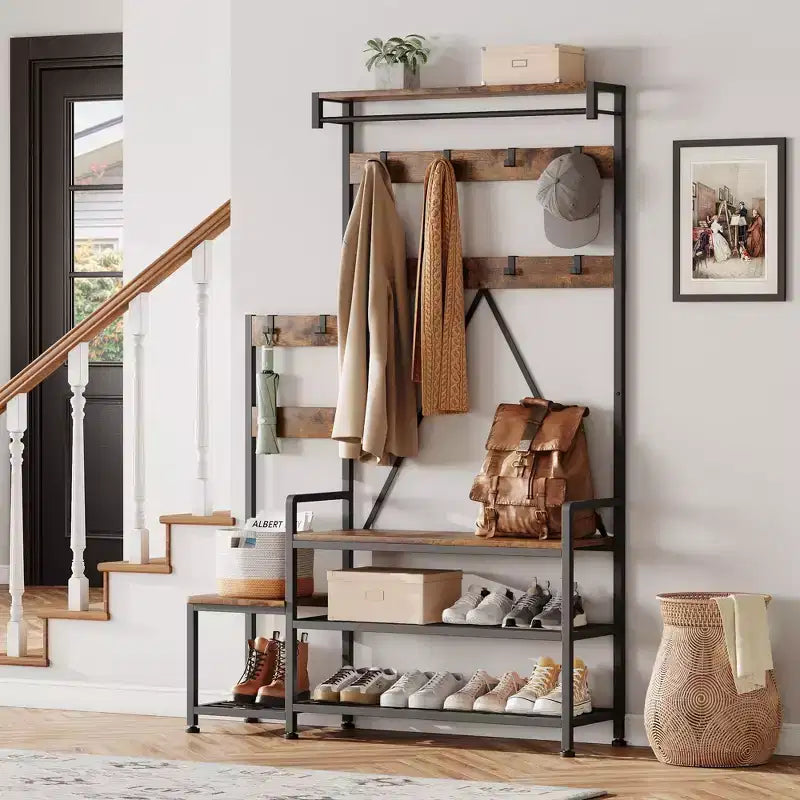 Porte-manteau industriel avec banc, rangement à chaussures et patère, meuble d'entrée pour vestiaire avec crochets et étagères pour petits espaces