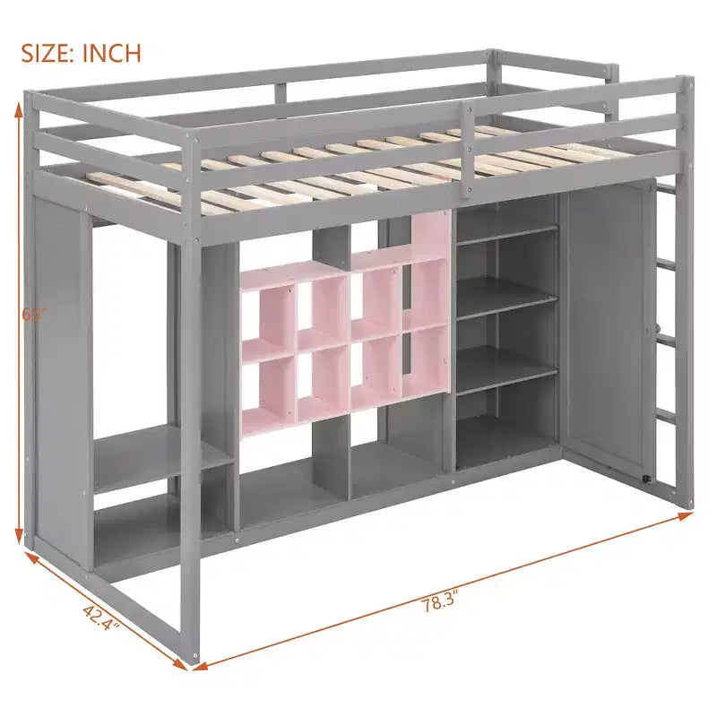 Lit mezzanine en bois, taille double, avec armoire, étagères et placard, design coloré