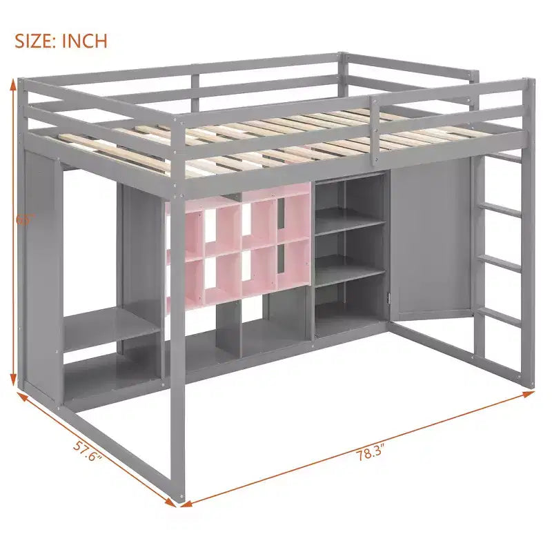 Lit mezzanine en bois, taille double, avec armoire, étagères et placard, design coloré