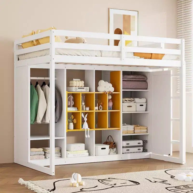 Lit mezzanine en bois, taille double, avec armoire, étagères et placard, design coloré