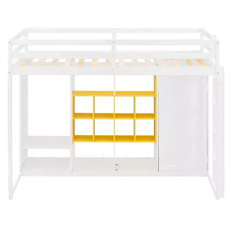 Lit mezzanine en bois, taille double, avec armoire, étagères et placard, design coloré