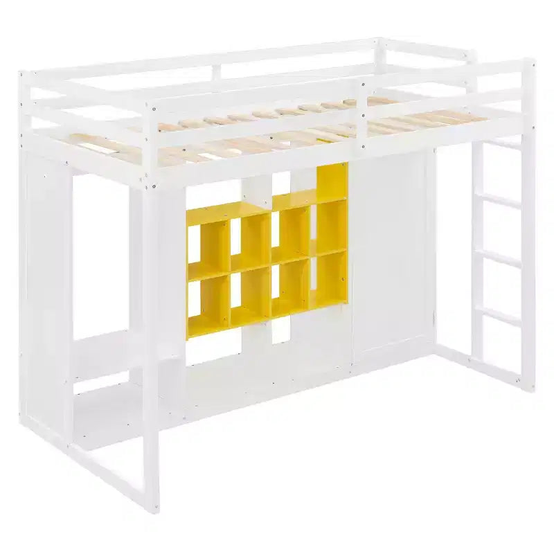 Lit mezzanine en bois, taille double, avec armoire, étagères et placard, design coloré