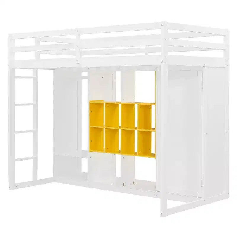 Lit mezzanine en bois, taille double, avec armoire, étagères et placard, design coloré
