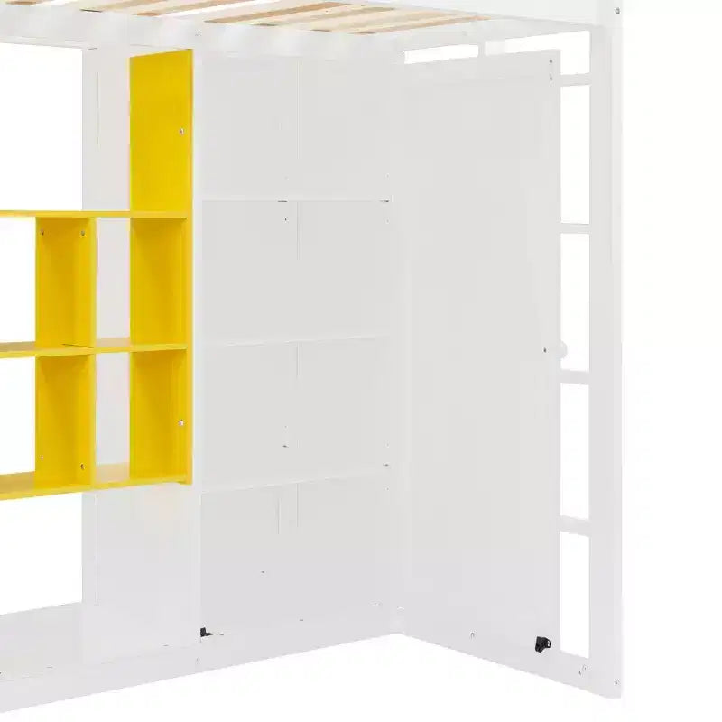 Lit mezzanine en bois, taille double, avec armoire, étagères et placard, design coloré