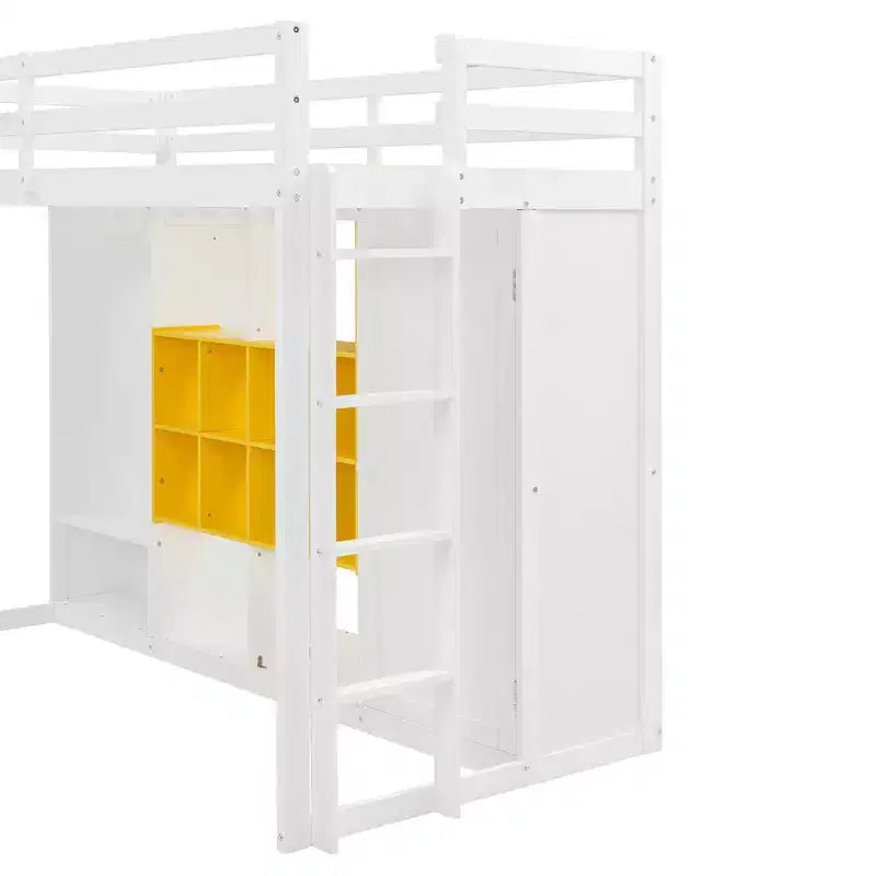 Lit mezzanine en bois, taille double, avec armoire, étagères et placard, design coloré