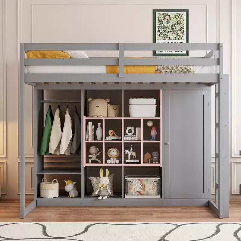 Lit mezzanine en bois, taille double, avec armoire, étagères et placard, design coloré