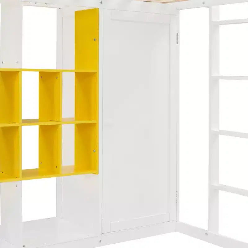 Lit mezzanine en bois, taille double, avec armoire, étagères et placard, design coloré