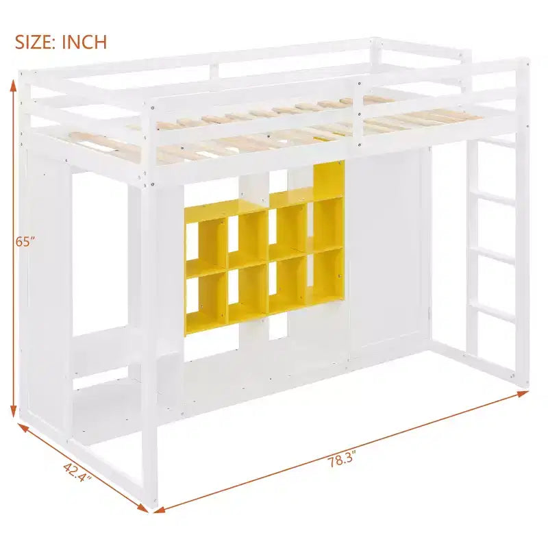 Lit mezzanine en bois, taille double, avec armoire, étagères et placard, design coloré