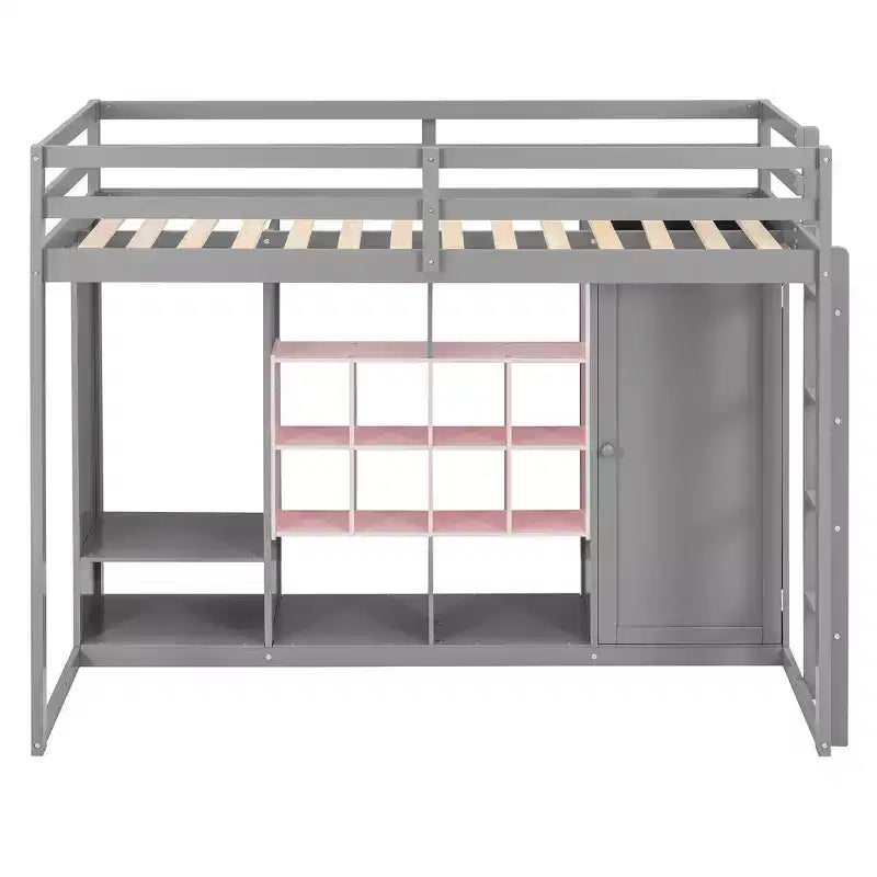 Lit mezzanine en bois, taille double, avec armoire, étagères et placard, design coloré