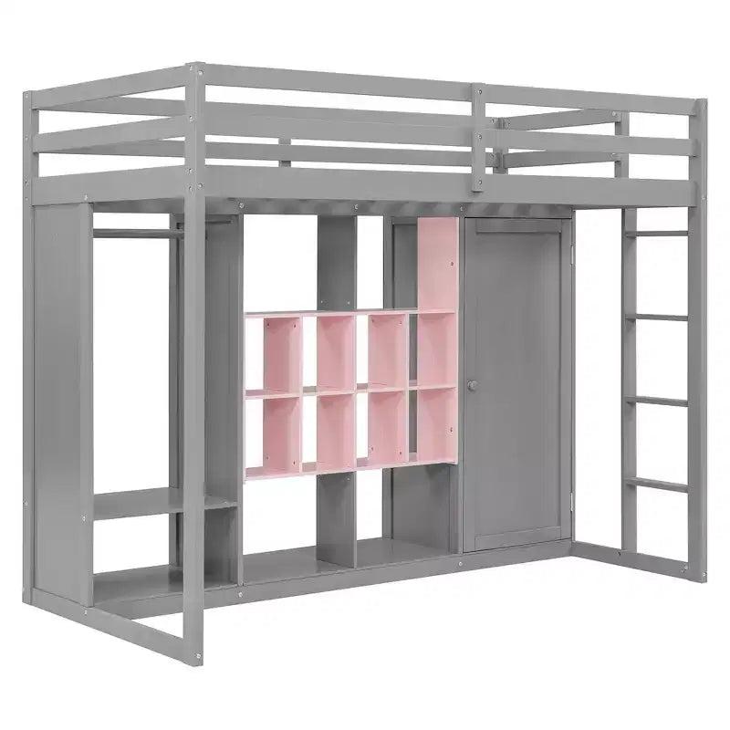 Lit mezzanine en bois, taille double, avec armoire, étagères et placard, design coloré