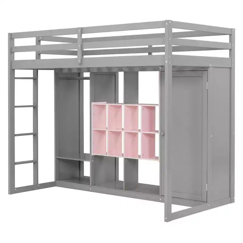 Lit mezzanine en bois, taille double, avec armoire, étagères et placard, design coloré