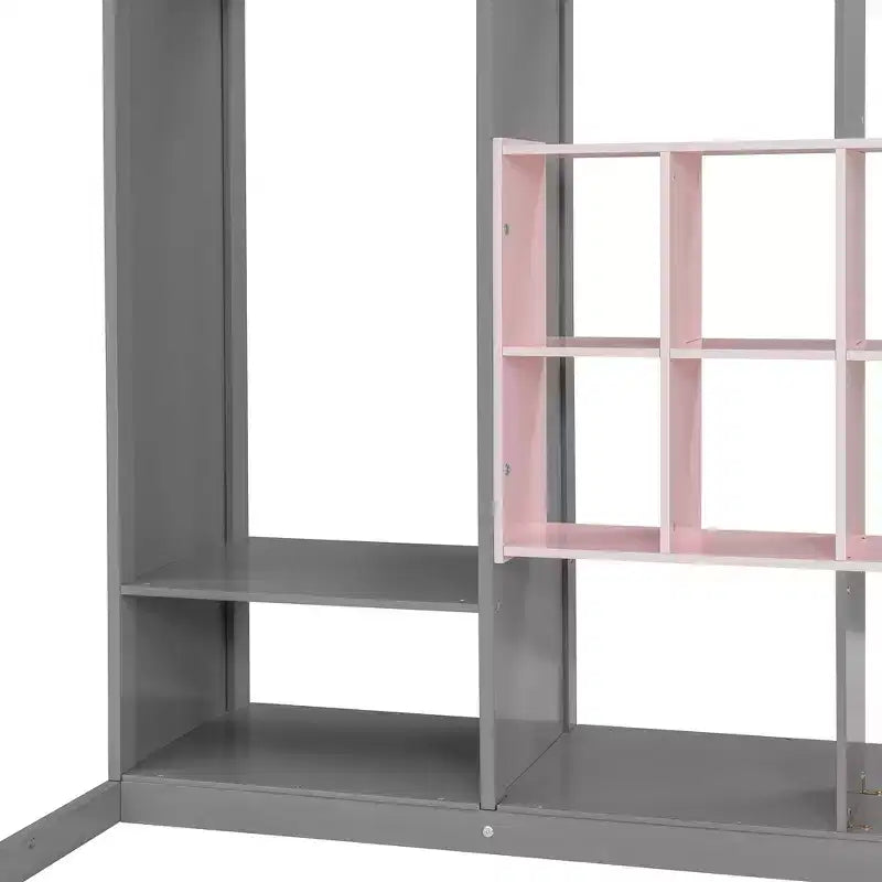 Lit mezzanine en bois, taille double, avec armoire, étagères et placard, design coloré