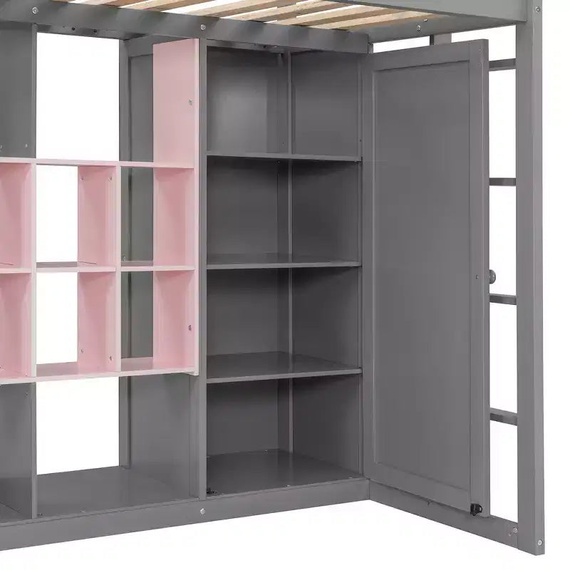 Lit mezzanine en bois, taille double, avec armoire, étagères et placard, design coloré