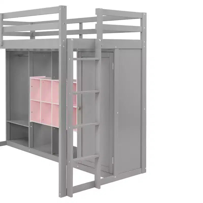 Lit mezzanine en bois, taille double, avec armoire, étagères et placard, design coloré