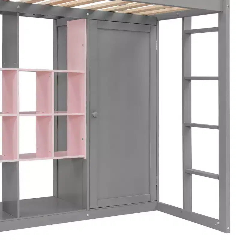 Lit mezzanine en bois, taille double, avec armoire, étagères et placard, design coloré