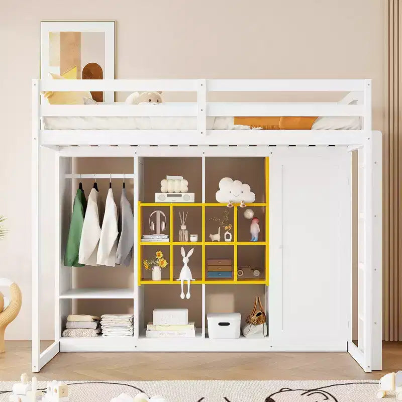 Lit mezzanine en bois, taille double, avec armoire, étagères et placard, design coloré