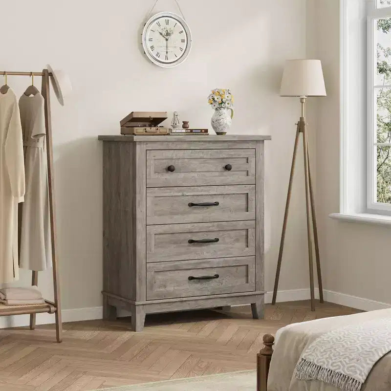 Commode haute à 4 tiroirs pour chambre à coucher, meuble de rangement autonome en bois
