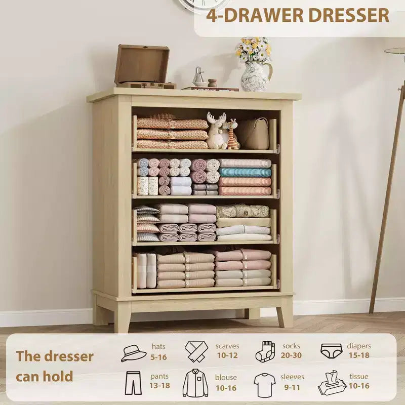 Commode haute à 4 tiroirs pour chambre à coucher, meuble de rangement autonome en bois