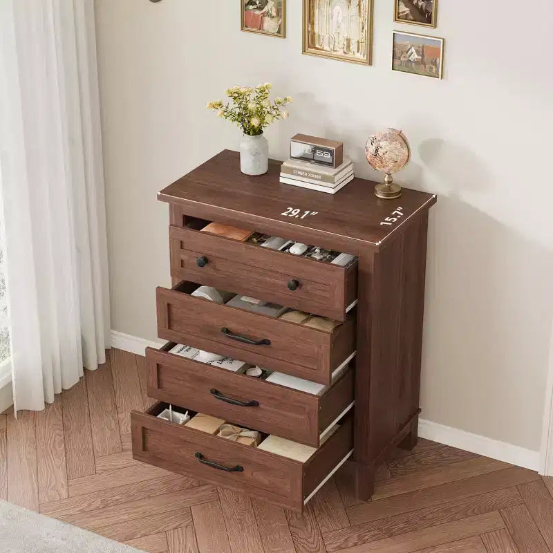 Commode haute à 4 tiroirs pour chambre à coucher, meuble de rangement autonome en bois