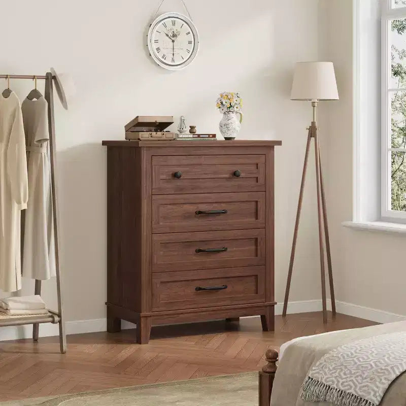 Commode haute à 4 tiroirs pour chambre à coucher, meuble de rangement autonome en bois