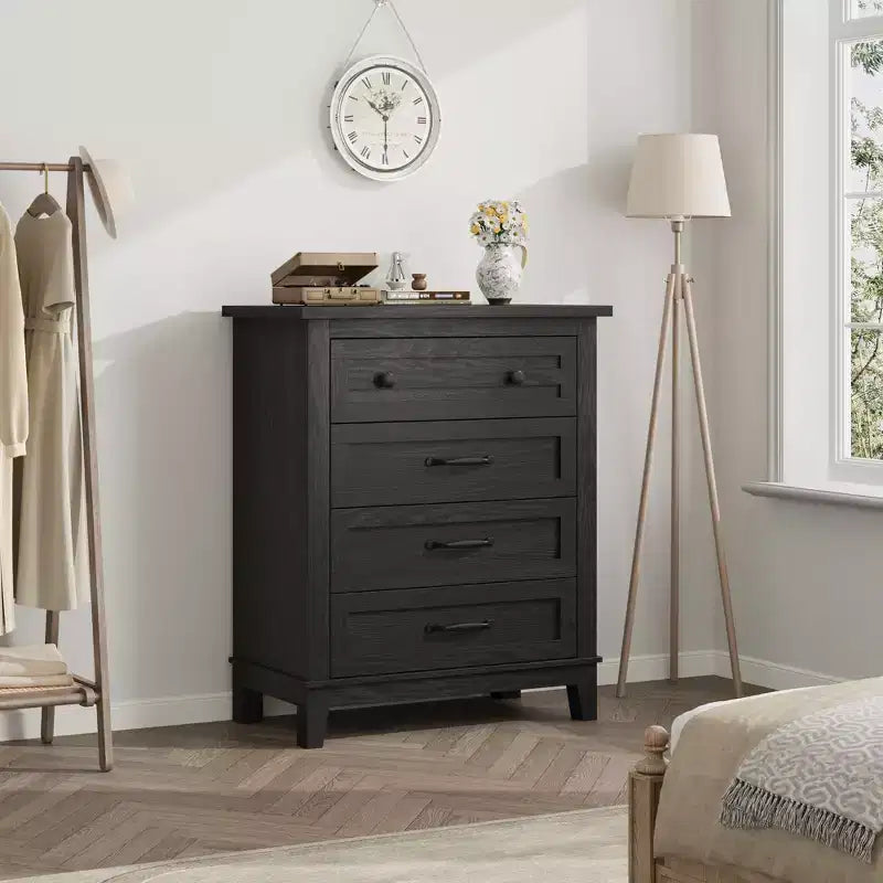 Commode haute à 4 tiroirs pour chambre à coucher, meuble de rangement autonome en bois