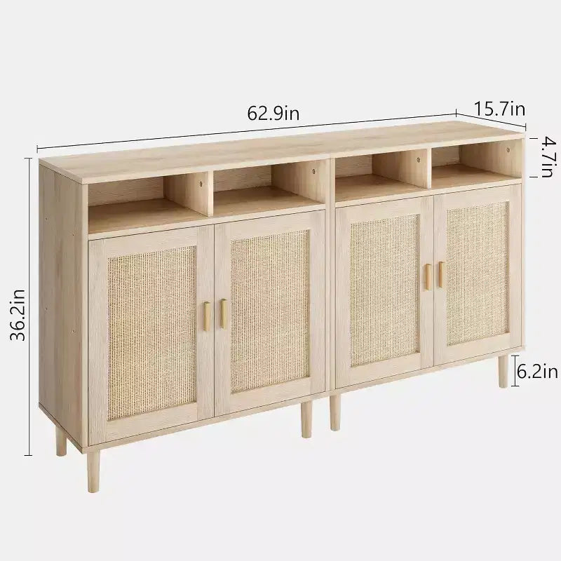 Bahut moderne en rotin - Armoire de rangement à deux portes avec étagères, 91 cm de haut, naturel