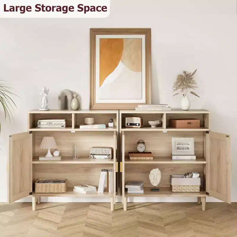 Bahut moderne en rotin - Armoire de rangement à deux portes avec étagères, 91 cm de haut, naturel