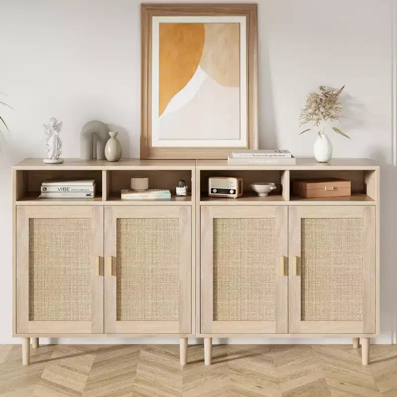 Bahut moderne en rotin - Armoire de rangement à deux portes avec étagères, 91 cm de haut, naturel